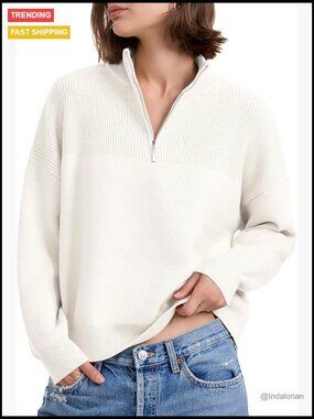 Oversized Quarter Zip Mock Neck Pullover Sweater Loose Ribbed Knit Tops